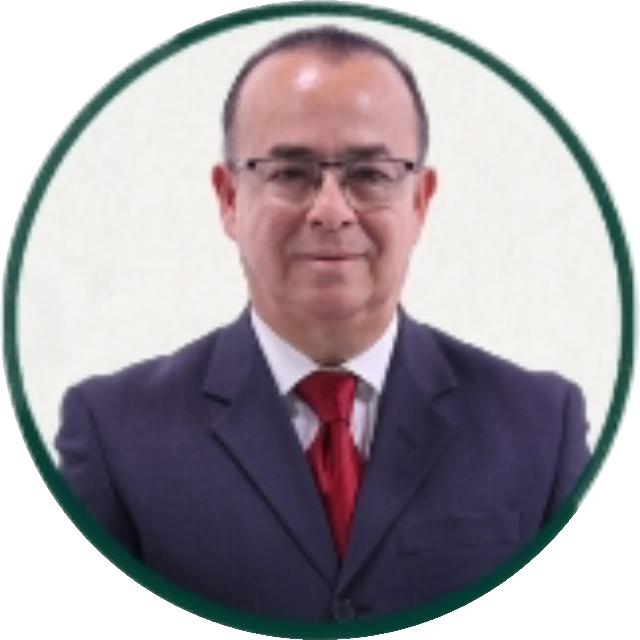 Professional headshot of a man in a dark blue suit and red tie wearing glasses, against a light background in a circular frame
